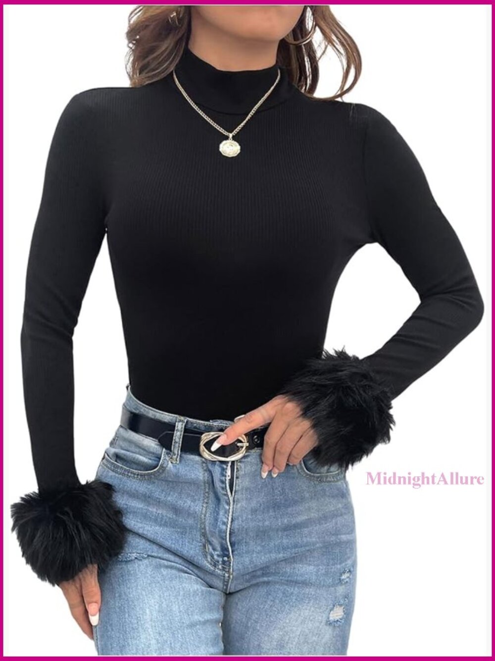 Fitted Ribbed Knit Tee Long Sleeve Mock Neck Fuzzy T-Shirt Women's Top